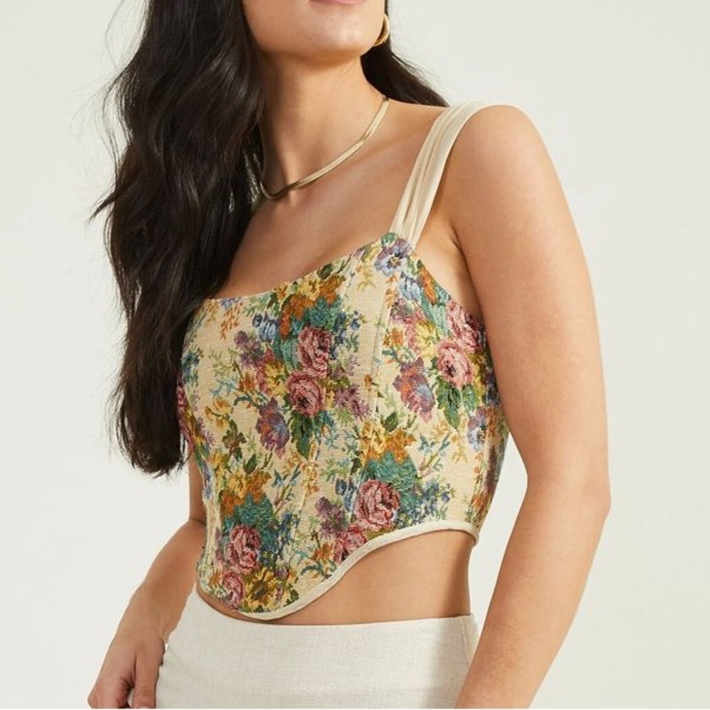 Altar'd State Floral Tapestry Corset Tank in Cream with Pink, Green & Yellow